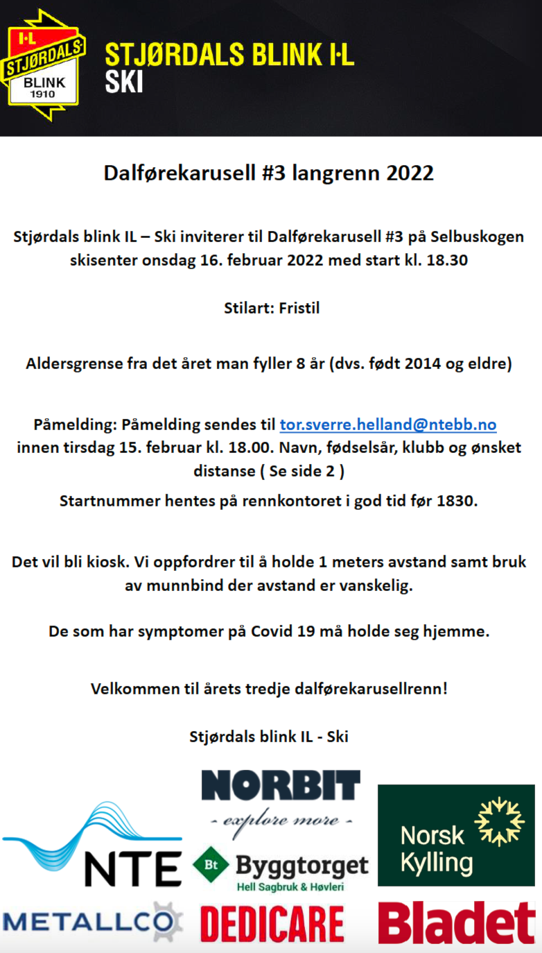 Invitasjon til dalførekarusell 3, Selbuskogen Skisenter, onsdag 16.02.22.